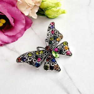 Broszka ozdobna motyl podwójny srebrny kolorowe kryształki