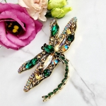 Broszka ozdobna Ważka duża złota zielone kryształki 