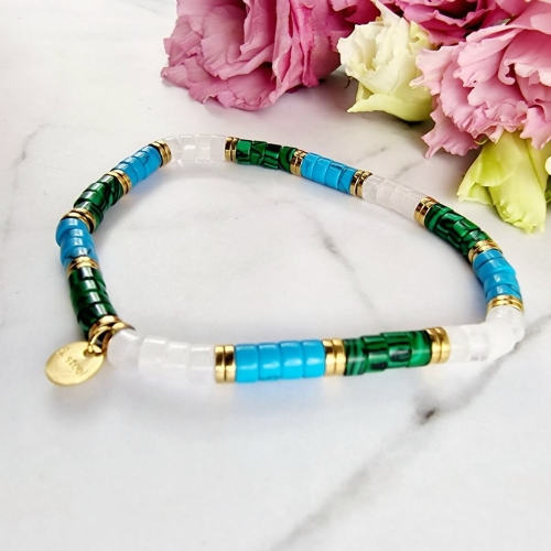 Bransoletka STAL CHIRURGICZNA gumkowa koraliki kolorowe złote kółko