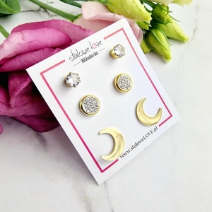 Kolczyki STAL CHIRURGICZNA zestaw 3 pary kryształek cyrkonia księżyc