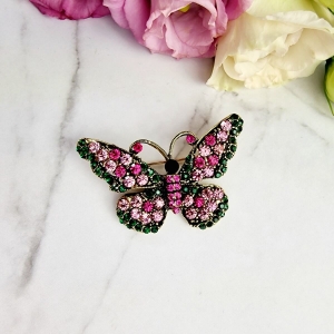 Broszka ozdobna motyl zielono różowe kryształki 