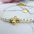 Bransoletka STAL CHIRURGICZNA perły małe kwiatek złoty  3