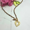 Naszyjnik STAL CHIRURGICZNA dewizka koraliki brązowe serce ażurowe