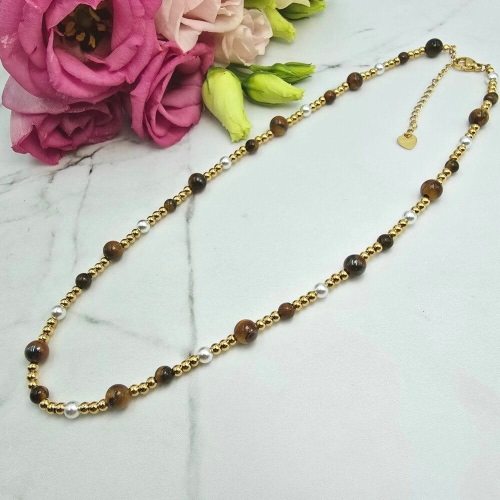 Naszyjnik STAL CHIRURGICZNA perełki kamienie szlachetne brązowe odcienie