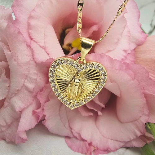 Naszyjnik STAL CHIRURGICZNA medalion serce "Maryjka" cyrkonie 50 cm jasne złoto