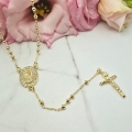 Naszyjnik STAL CHIRURGICZNA różaniec mniejsze koraliki Maryjka krzyżyk jasne złoto  2