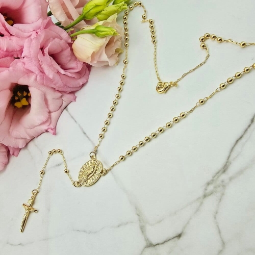 Naszyjnik STAL CHIRURGICZNA różaniec mniejsze koraliki Maryjka krzyżyk jasne złoto