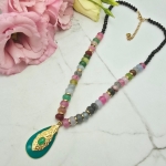 Naszyjnik STAL CHIRURGICZNA czarne i kolorowe kryształki medalion turkus