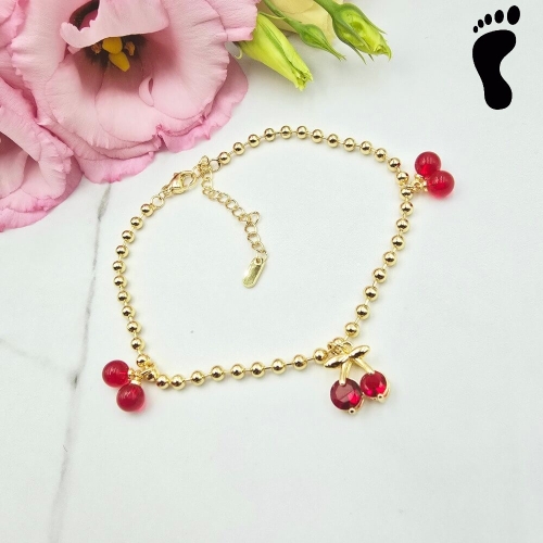 Bransoletka na stopę STAL CHIRURGICZNA kuleczki wisienki kryształki jasne złoto