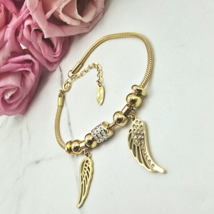 Bransoletka STAL CHIRURGICZNA CHARMS złota dwa skrzydła cyrkonie