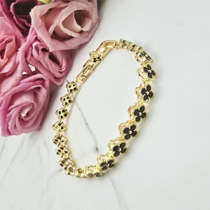 Bransoletka STAL CHIRURGICZNA modułowa kryształki czarne koniczynki  jasne złoto