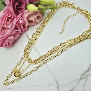 Naszyjnik STAL CHIRURGICZNA potrójny medaliony okrągłe cyrkonie jasne złoto