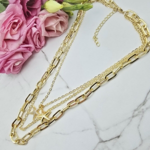 Naszyjnik STAL CHIRURGICZNA potrójny medaliony gwiazdki cyrkonie jasne złoto