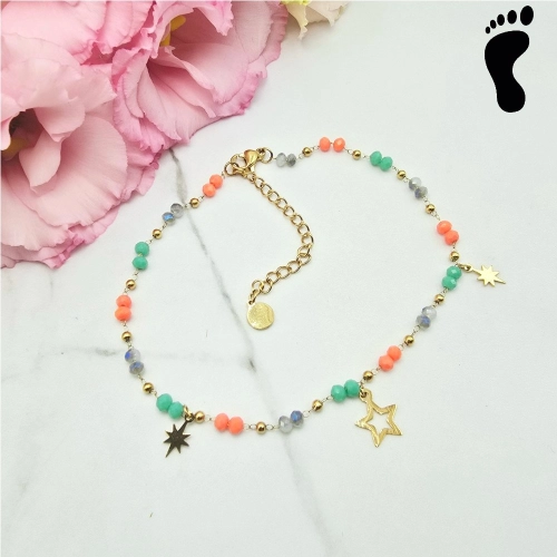 Bransoletka na stopę STAL CHIRURGICZNA kryształki kolorowe gwiazdki