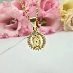 Naszyjnik STAL CHIRURGICZNA medalion Maryjka cyrkonie jasne złoto