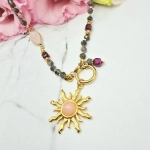 Naszyjnik PREMIUM STAL CHIRURGICZNA ciemne kamienie słońce różowy kamień