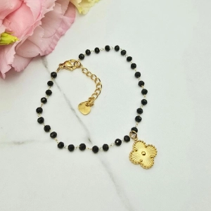 Bransoletka STAL CHIRURGICZNA czarne kryształki koniczyna złota