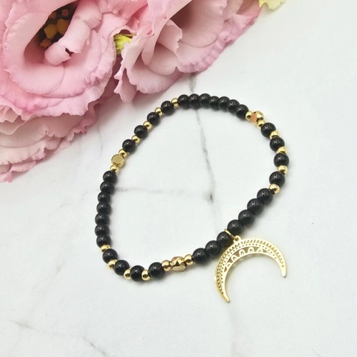 Bransoletka STAL CHIRURGICZNA gumkowa czarne koraliki księżyc