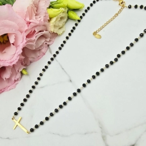 Naszyjnik STAL CHIRURGICZNA krzyż poziomy czarne kryształki 