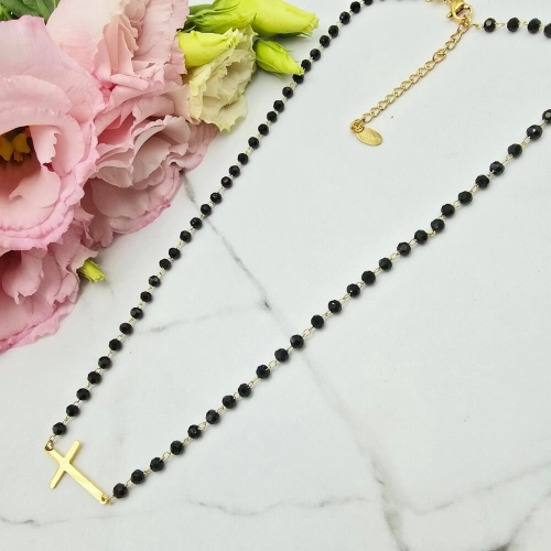 Naszyjnik STAL CHIRURGICZNA krzyż poziomy czarne kryształki 