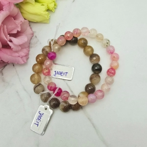 ZESTAW bransoletki STAL CHIRURGICZNA gumkowa jadeit różowe brązowe