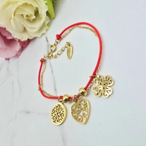Bransoletka STAL CHIRURGICZNA czerwony sznurek serce koniczyna kółko