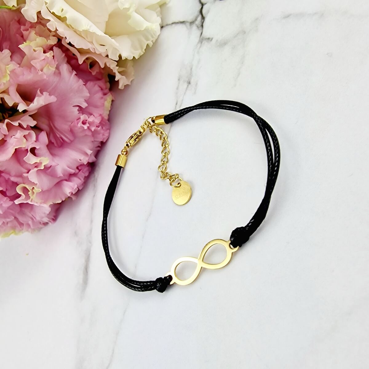 Bransoletka STAL CHIRURGICZNA czarny sznurek nieskończoność 