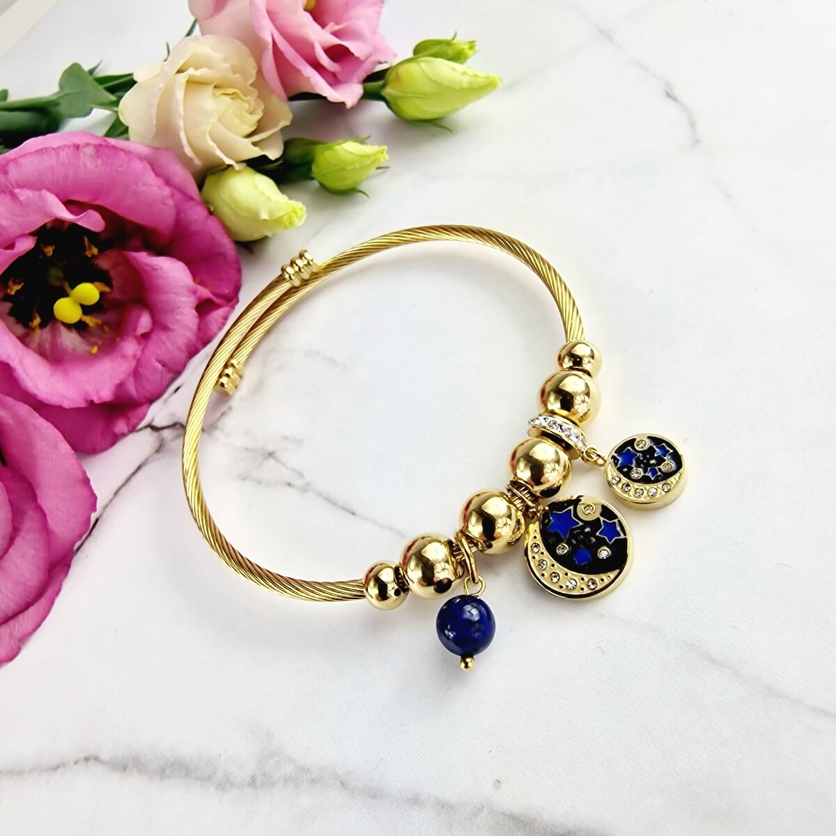 Bransoletka STAL CHIRURGICZNA CHARMS uniwersalna granatowe przywieszki