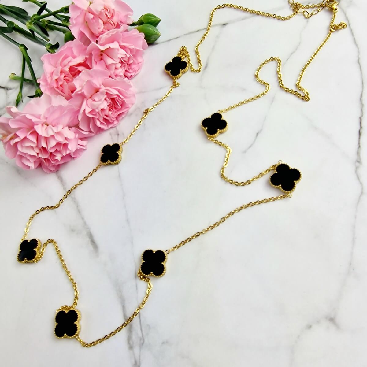 Naszyjnik STAL CHIRURGICZNA 95 cm czarne/złote koniczyny cyrkonie