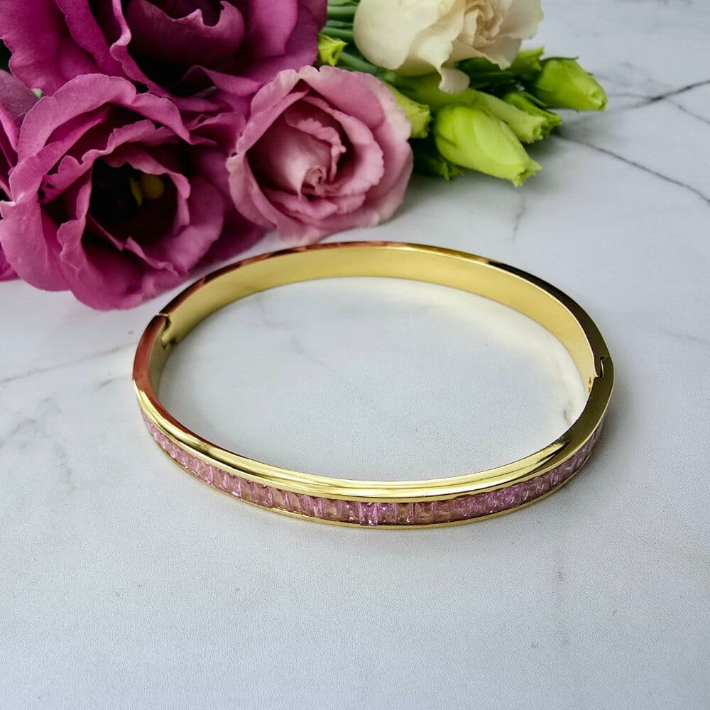 Bransoletka STAL CHIRURGICZNA sztywna różowe kryształki