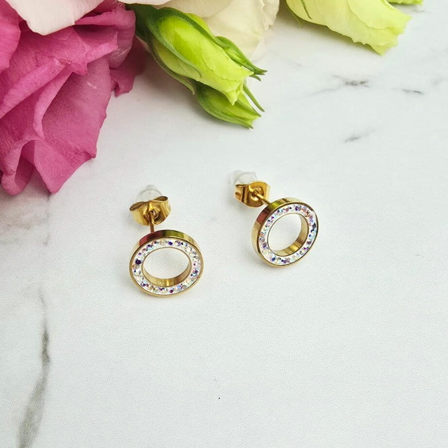 Kolczyki STAL CHIRURGICZNA okrągłe cyrkonie opalizujące