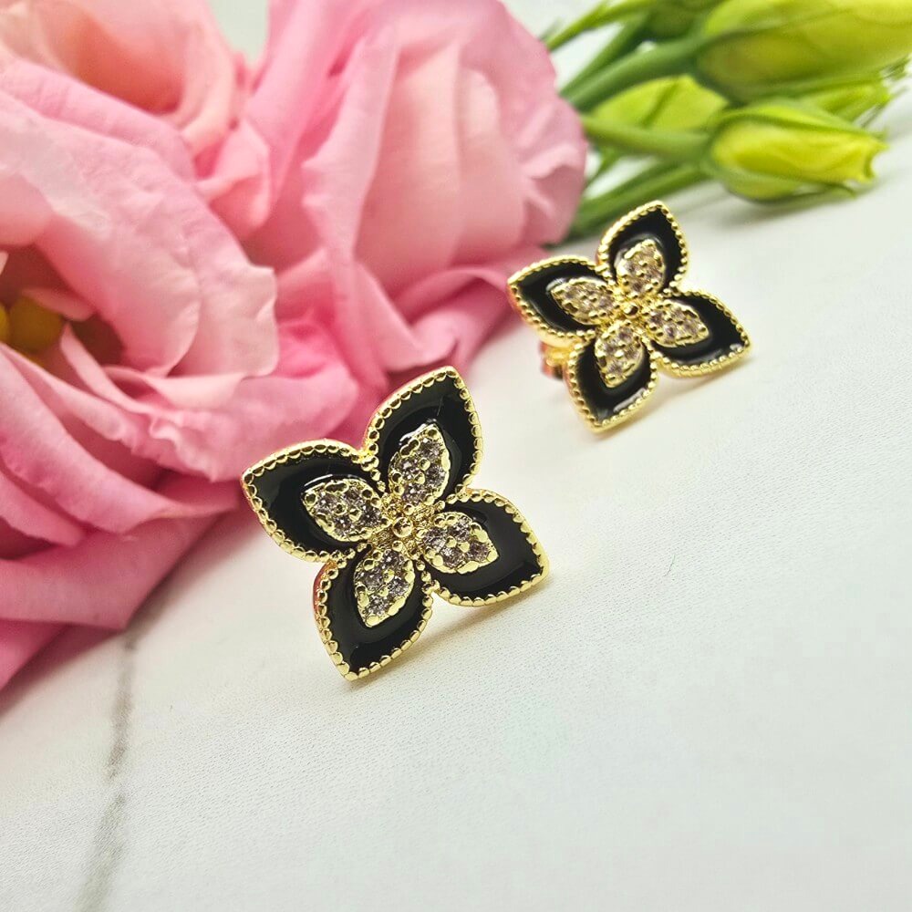 Kolczyki STAL CHIRURGICZNA lilie czarne jasne cyrkonie