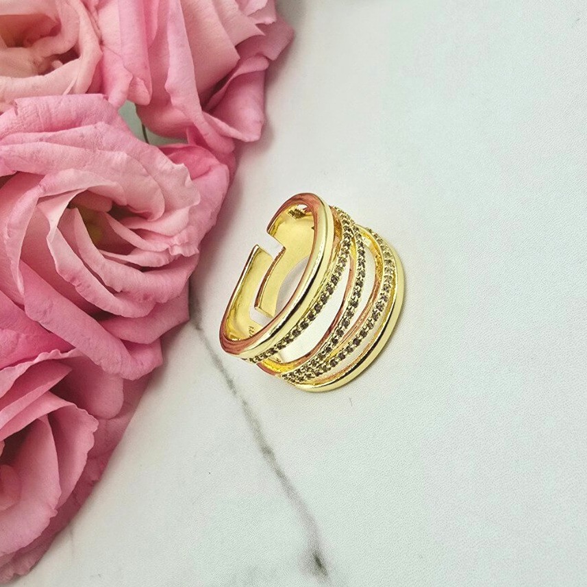 Pierścionek STAL CHIRURGICZNA obrączka uniwersalna ażurowa cyrkonie jasne złoto 