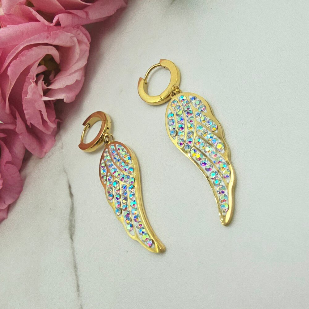 Kolczyki STAL CHIRURGICZNA bigiel skrzydła cyrkonie opalizujące