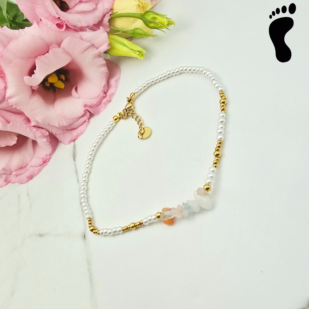 Bransoletka na stopę STAL CHIRURGICZNA perełki kolorowe kryształki