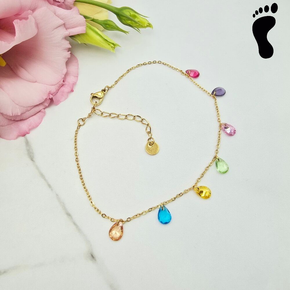 Bransoletka na stopę STAL CHIRURGICZNA kolorowe kryształki łezki