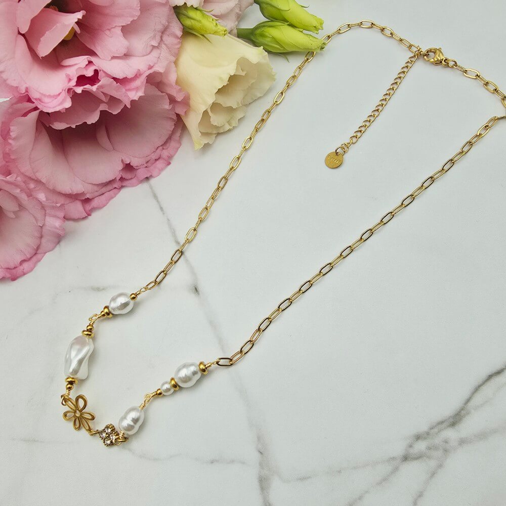 Naszyjnik STAL CHIRURGICZNA perły kwiatek