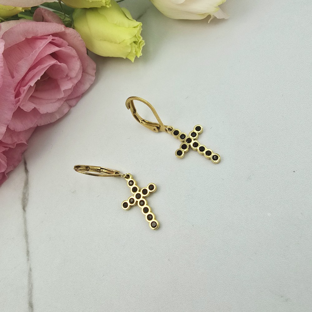 Kolczyki STAL CHIRURGICZNA wiszące krzyże czarne cyrkonie