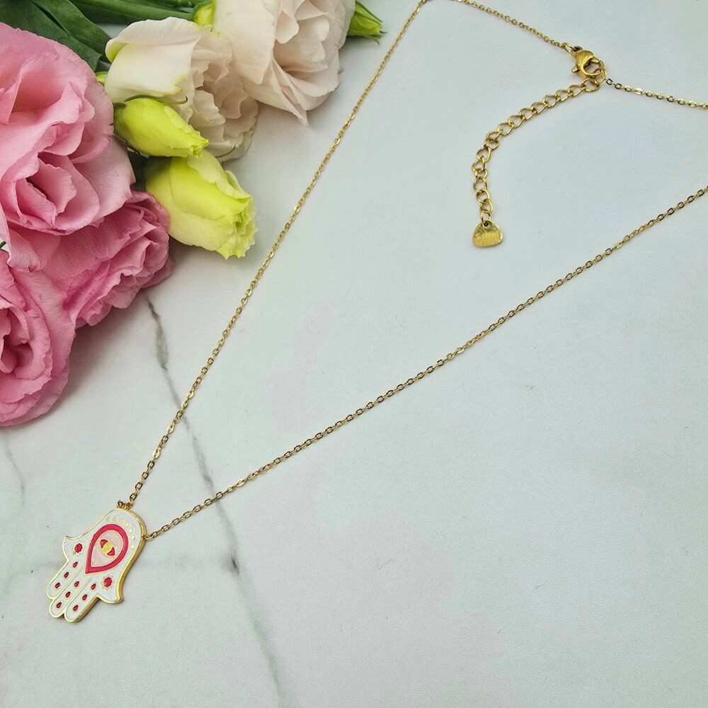 Naszyjnik STAL CHIRURGICZNA dłoń Fatimy biała kolorowa