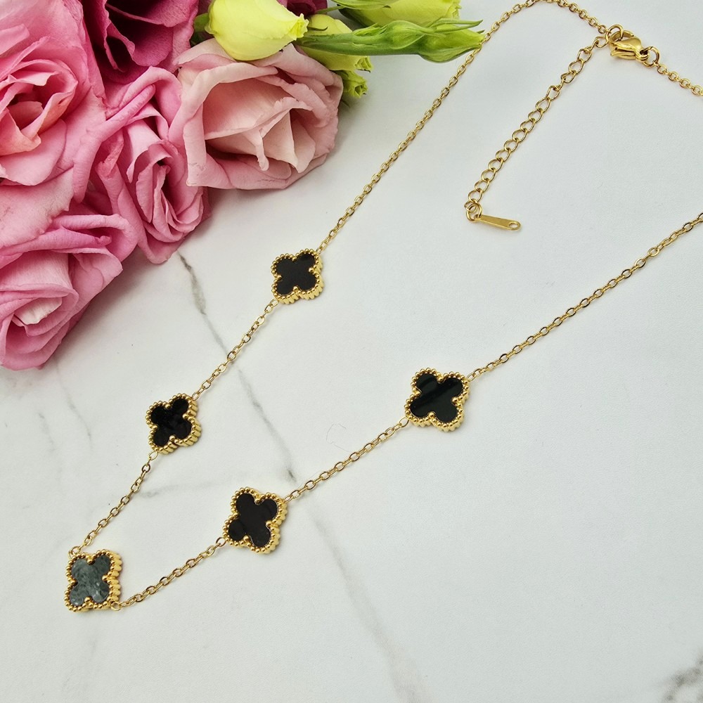 Naszyjnik STAL CHIRURGICZNA czarne koniczyny szersze