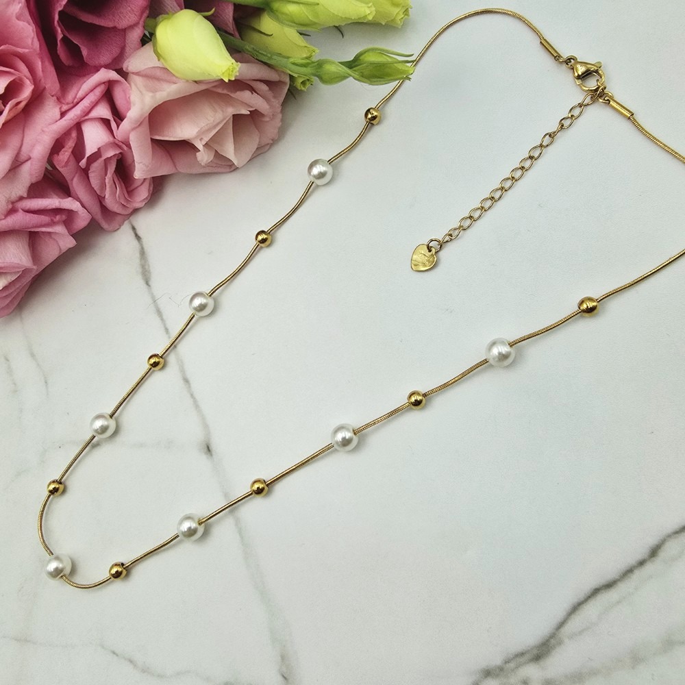 Naszyjnik STAL CHIRURGICZNA żmijka okrągła złote kulki perły