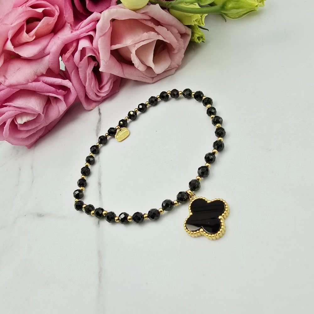 Bransoletka STAL CHIRURGICZNA gumkowa czarne kryształki medalion