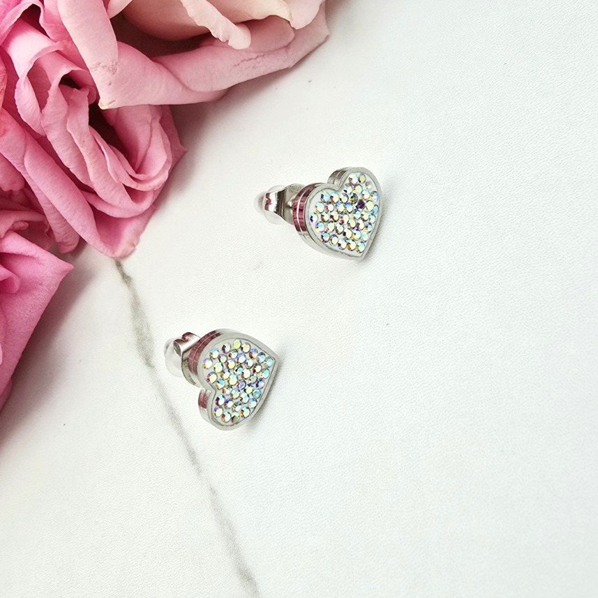 Kolczyki srebrne STAL CHIRURGICZNA serce cyrkonie opalizujące 1 cm