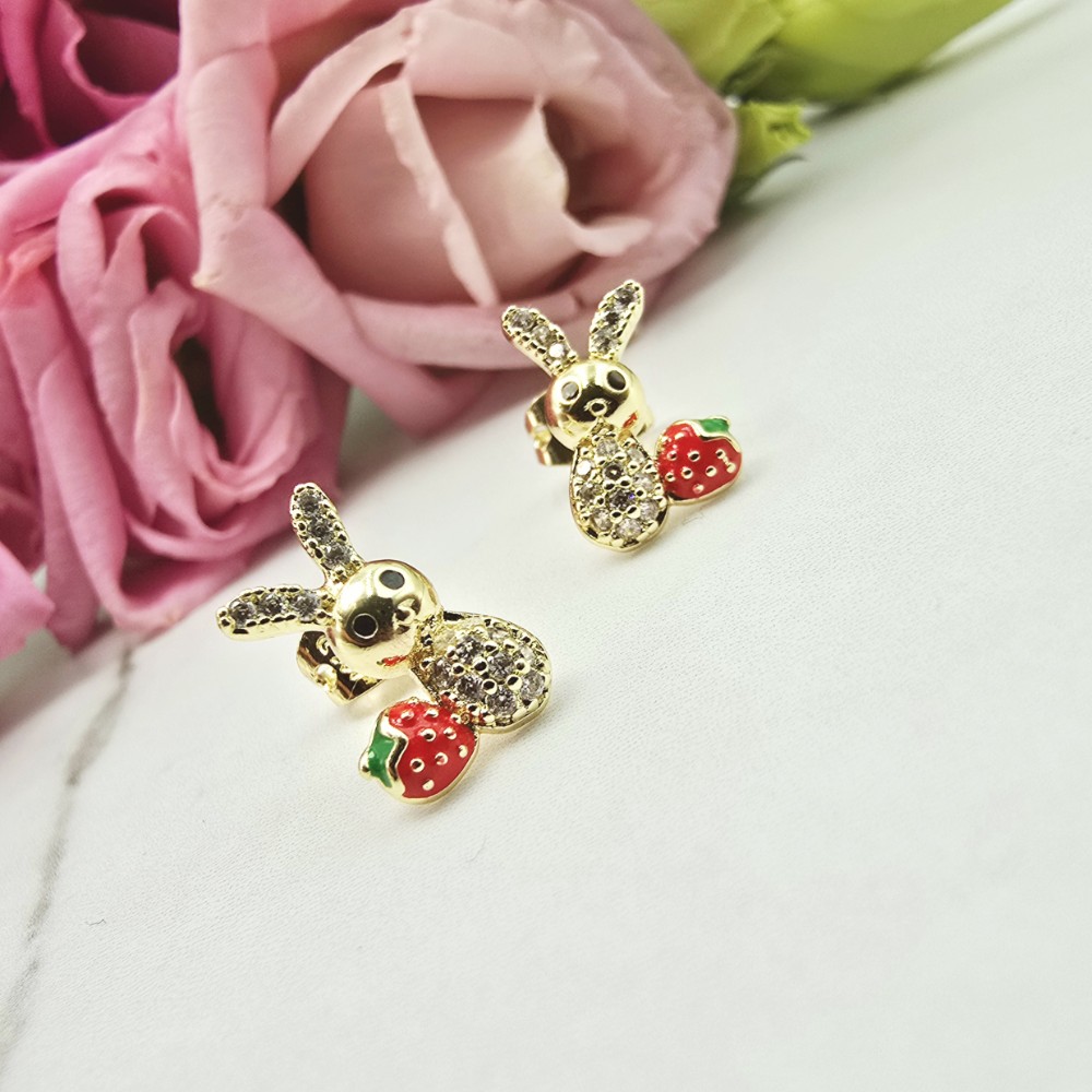 Kolczyki STAL CHIRURGICZNA dla dziewczynek króliczek z truskawką