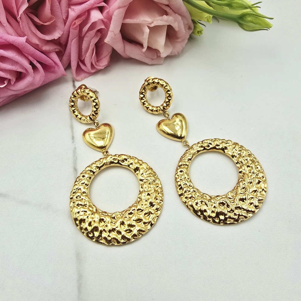 Kolczyki STAL CHIRURGICZNA wiszące zdobione koła i serce 