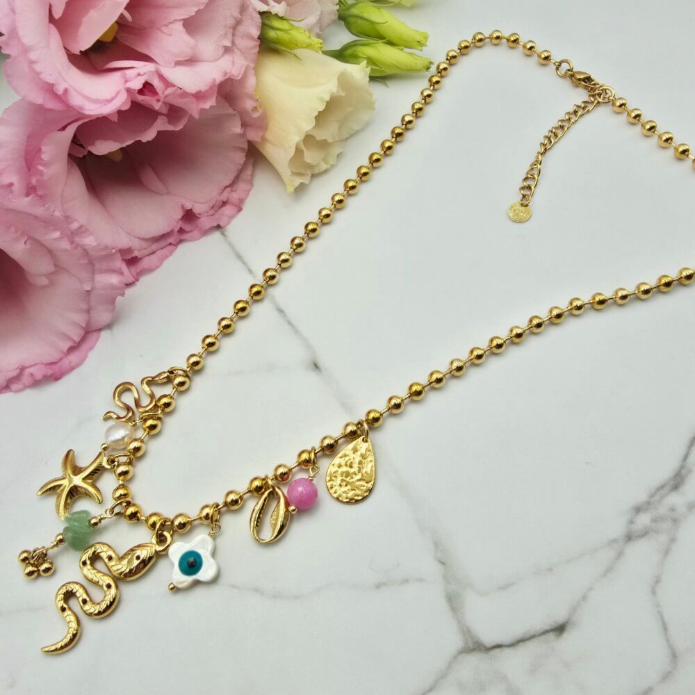 Naszyjnik STAL CHIRURGICZNA kulkowy kolorowe przywieszki