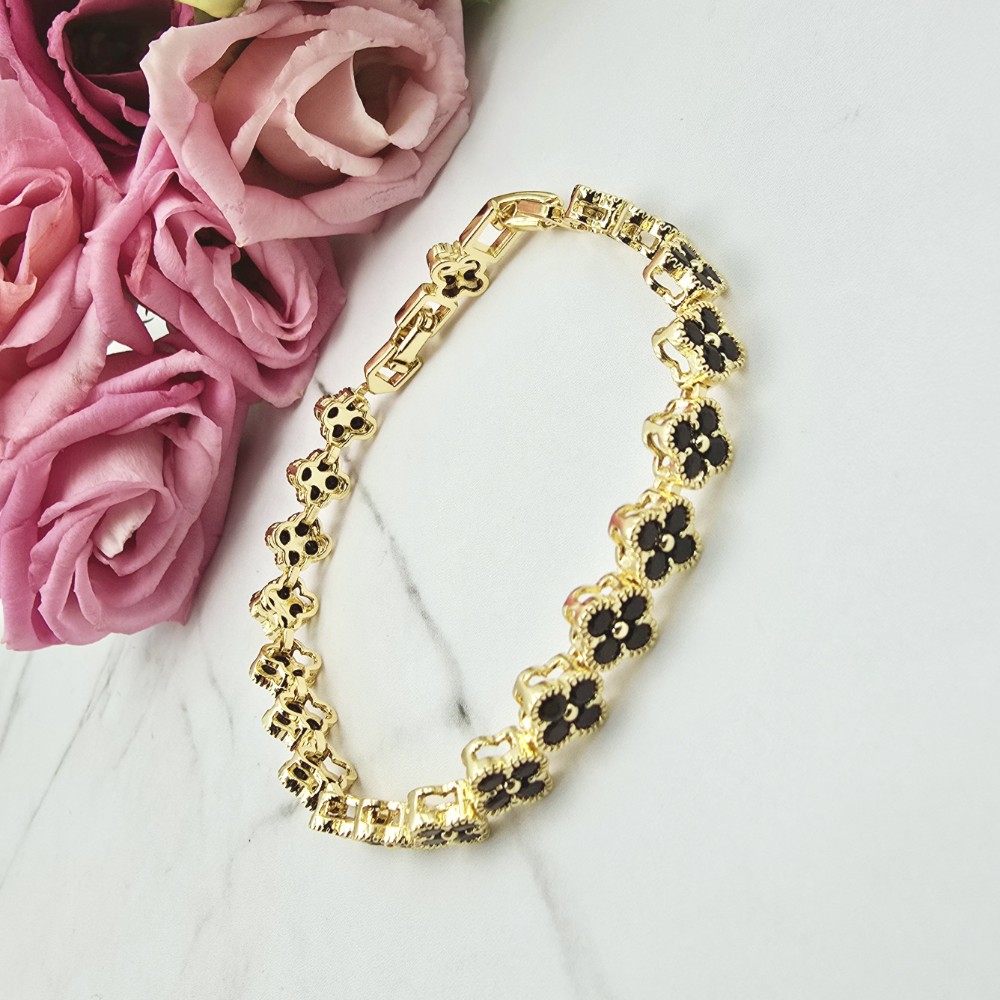 Bransoletka STAL CHIRURGICZNA modułowa kryształki czarne koniczynki  jasne złoto