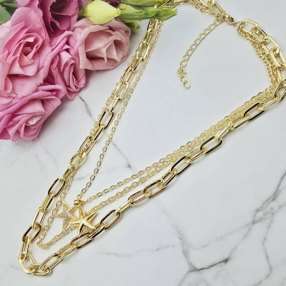 Naszyjnik STAL CHIRURGICZNA potrójny medaliony gwiazdki cyrkonie jasne złoto