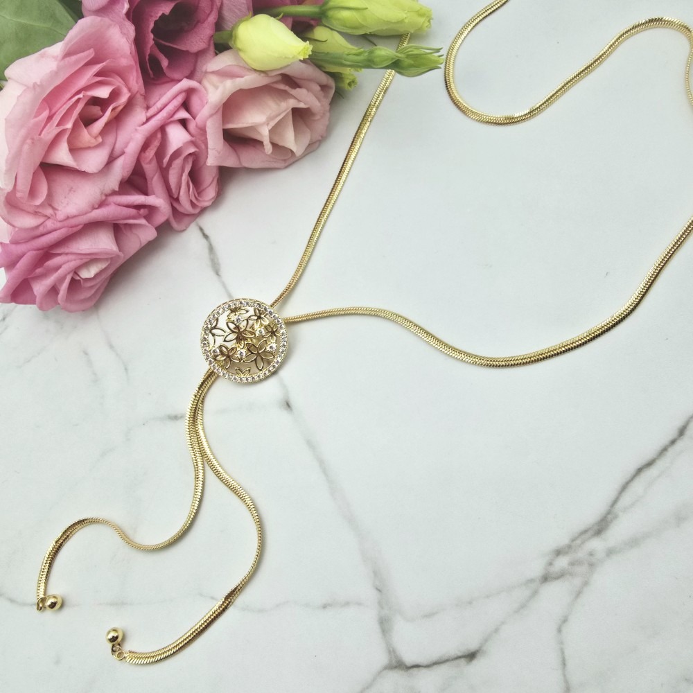 Naszyjnik STAL CHIRURGICZNA długi krawatka okrągły medalion cyrkonie