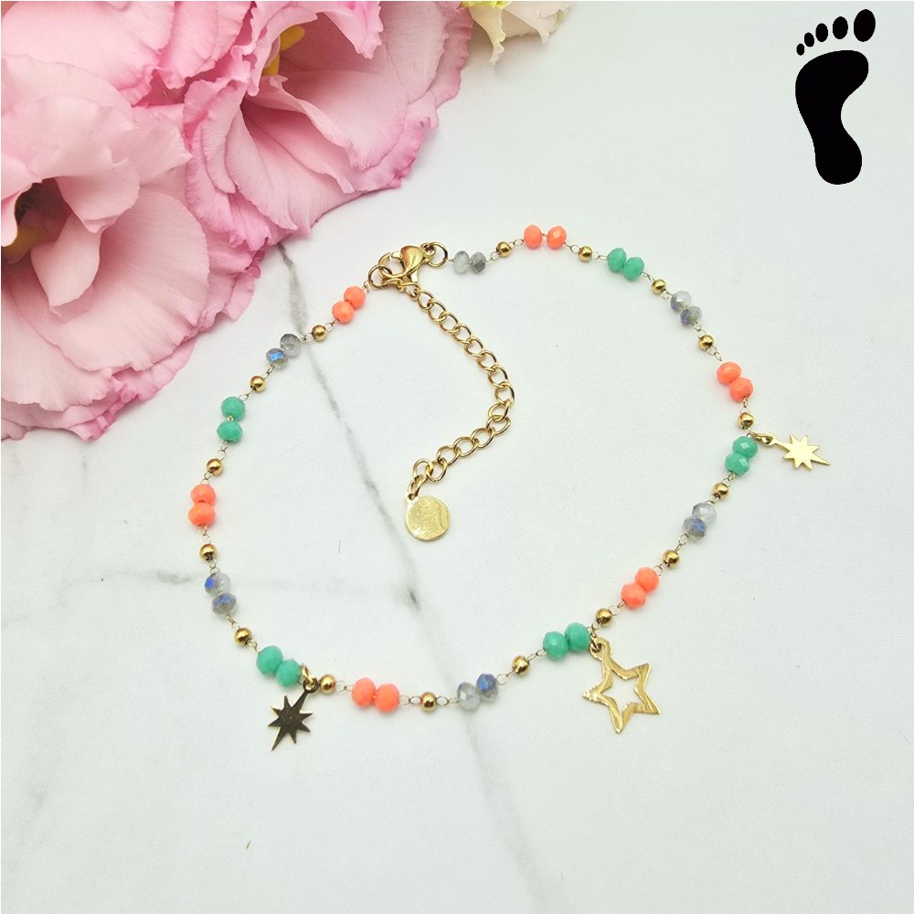 Bransoletka na stopę STAL CHIRURGICZNA kryształki kolorowe gwiazdki